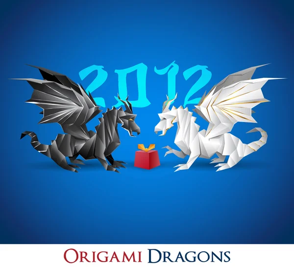 Zwei Origami-Drachen und ein Geschenk, im Hintergrund das Jahr 2012 — Stockvektor