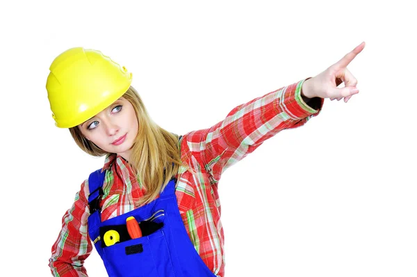 Female worker pointing up — Stock Photo, Image
