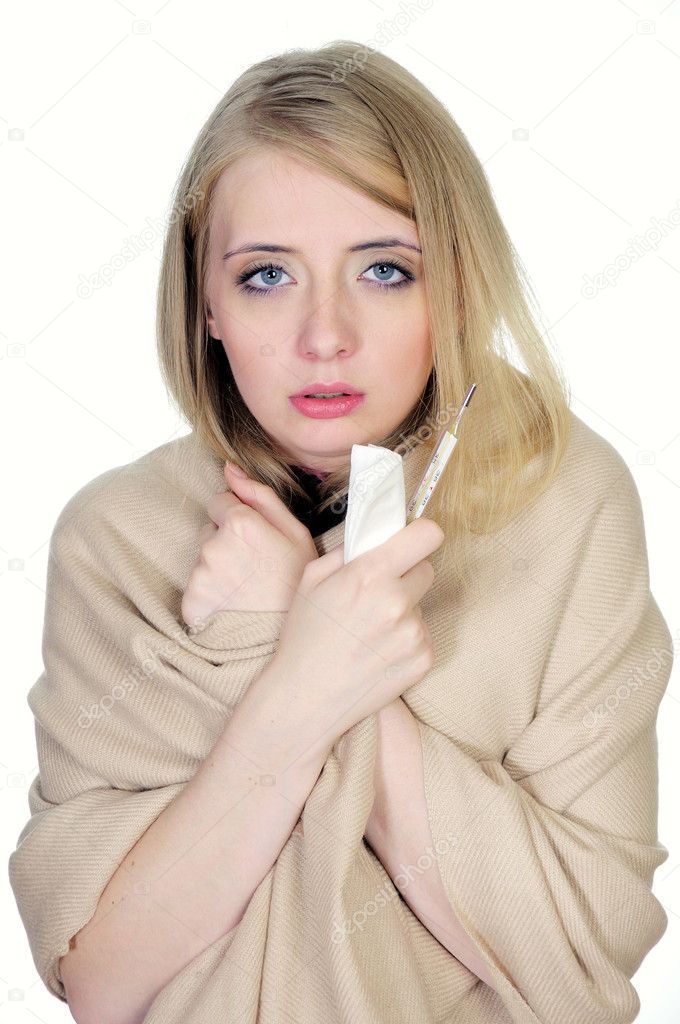 Woman with flue holding thermometer