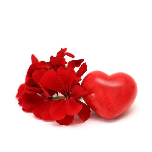 Rotes Herz und Blumen auf weißem Grund - Liebeskonzept — Stockfoto