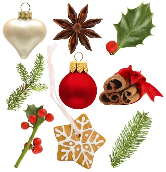 クリスマスのヒイラギ、赤玉、緑のトウヒのセット — ストック写真
