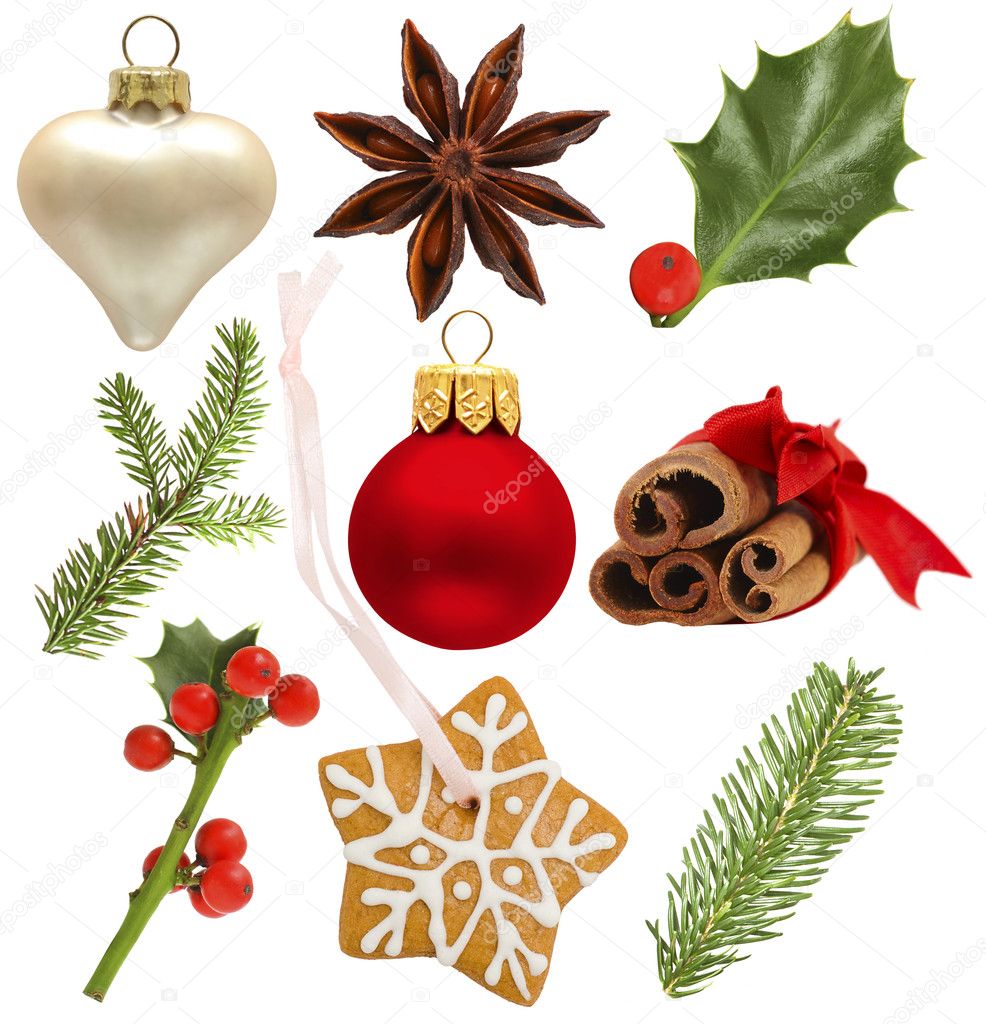 Set of Christmas holly, red ball, green spruce — Stock Photo © Artmim ...