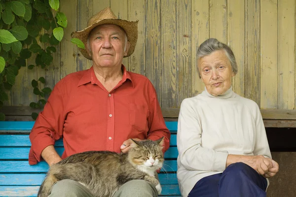 Yaşlı çift kedi ile açık havada oturun — Stok fotoğraf