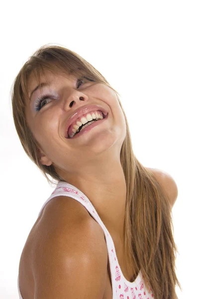 Красива жінка посміхається на білому тлі — стокове фото