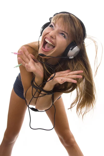 Piękna kobieta słuchania muzyki i tańca — Zdjęcie stockowe