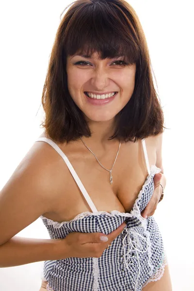 Sexual cheerful Asian girl shows a decollete — Stock Photo, Image