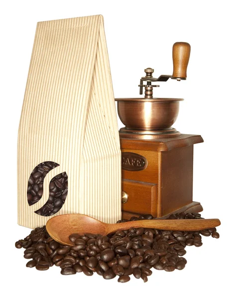 Papírový sáček zrnkové kávy — Stock fotografie