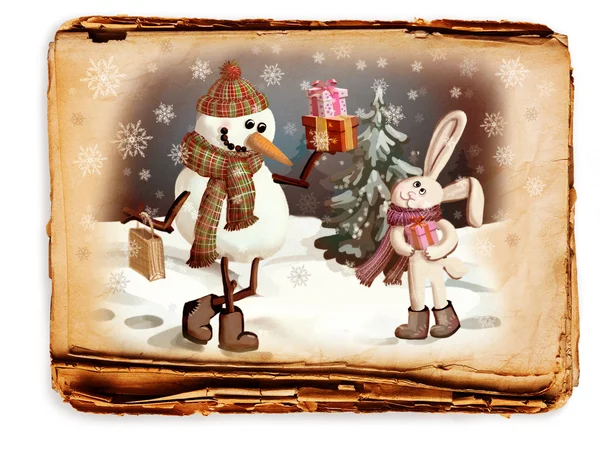 Snowman and a rabbit, a picture in retro style — Stock Photo, Image