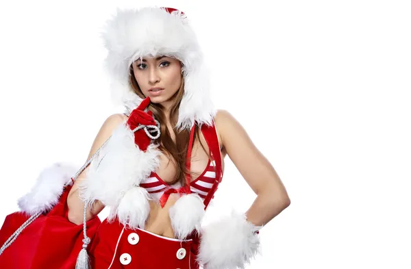 Noel Baba kıyafeti giyen güzel seksi bir kızın portresi. — Stok fotoğraf