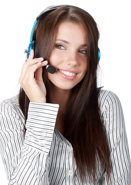 Représentant client avec casque souriant pendant un téléphone Photo De Stock