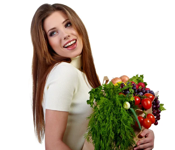 Mujer sosteniendo una bolsa llena de comida saludable. compras  . —  Fotos de Stock