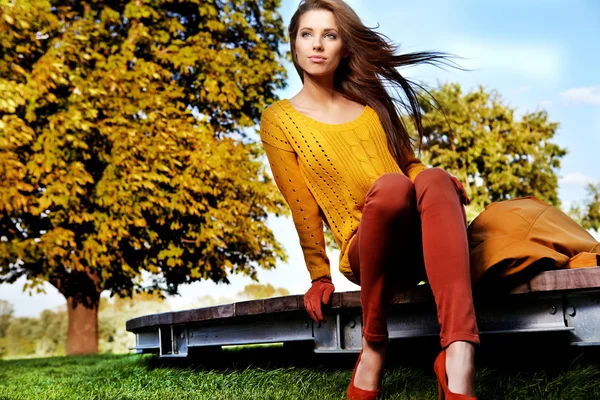 秋天，美丽优雅的女人站在公园里 — 图库照片