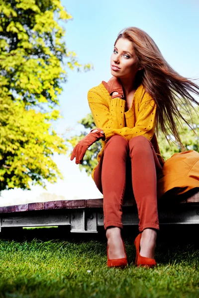 Young brunette woman portrait in autumn color — Stock Photo, Image