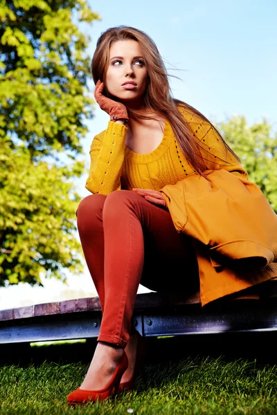 Mladá bruneta žena portrét v podzimních barvách — Stock fotografie