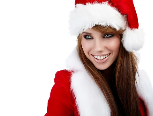 Όμορφη νεαρή γυναίκα Χριστούγεννα ευτυχισμένη πάνω από λευκό — Φωτογραφία Αρχείου