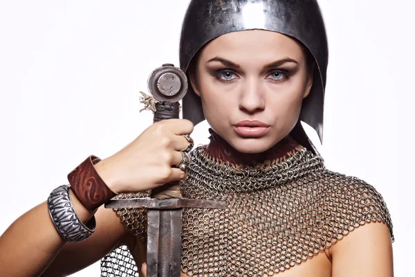 Portrait of a medieval female knight in armour — Stock Photo, Image