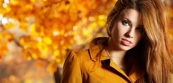 Jonge brunette vrouw portret in herfst veld — Stockfoto