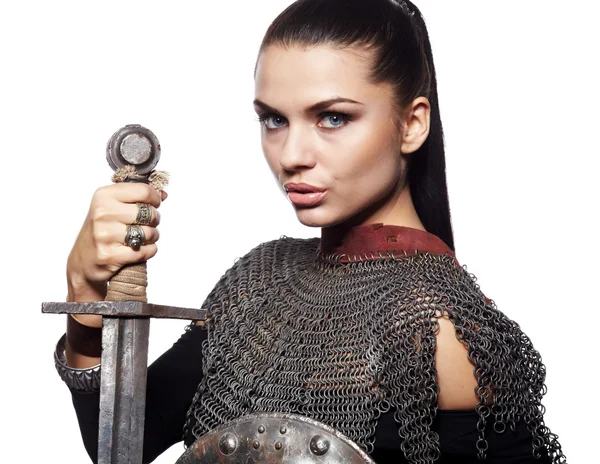 アーマーの中世の女性の騎士の肖像画 — ストック写真