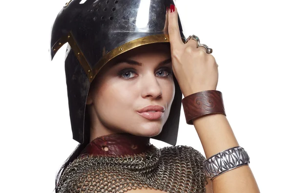 Portrait of a medieval female knight in armour — Stock Photo, Image