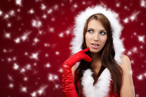 Noel Baba kıyafetlerle r güzel seksi kız portresi — Stok fotoğraf
