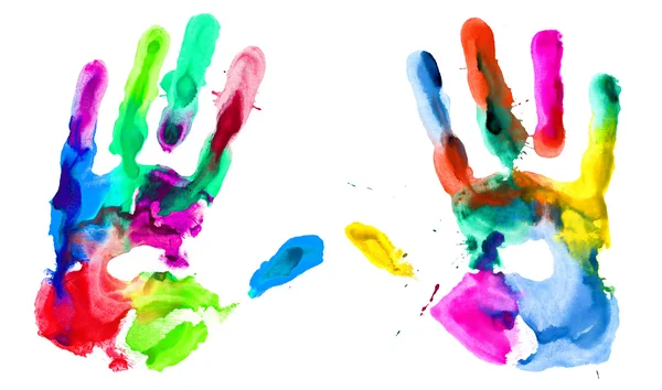 Fechar a impressão das mãos coloridas — Fotografia de Stock