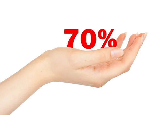 Ausverkauf in siebzig Prozent der Handfläche einer Frau — Stockfoto