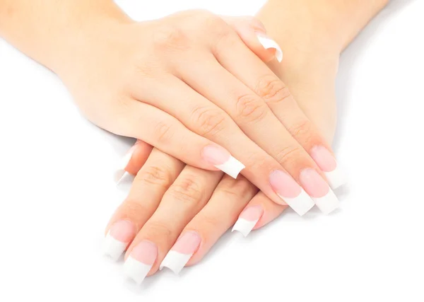 Mani donna con manicure francese — Foto Stock