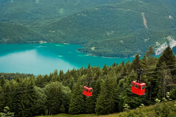 stock image View from Zwolferhorn on Wolfgangsee with cabel car