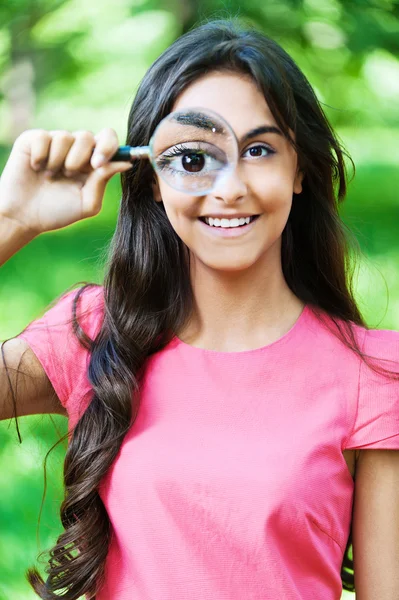 Portrait woman magnifying glass — Stock Photo, Image