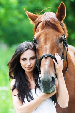 Portrait woman next horse clipart