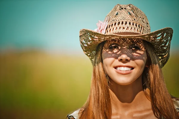 Portrait attractive young woman hat — Stok fotoğraf