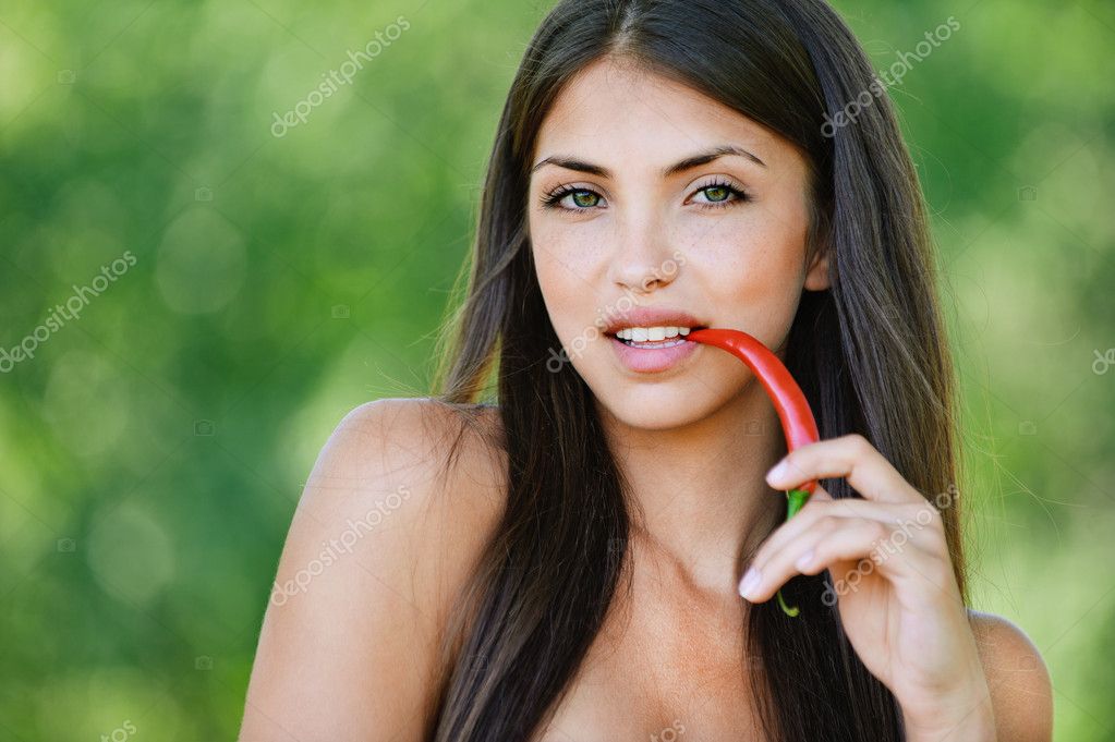 Portrait romantic naked women acute red pepper Stock Photo by