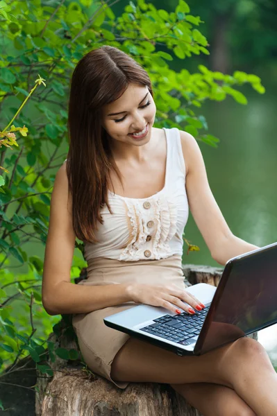 Stående ung charmig kvinna laptop sitter stubbe — Stockfoto