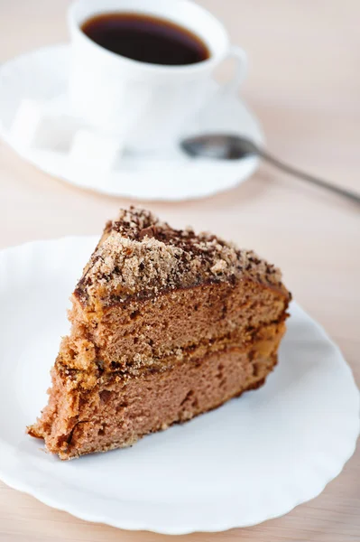 Piece chocolate cake, cup coffee, tea — Stock Photo, Image