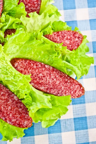 Slices of salami wrapped in lettuce leaves — Stock Photo, Image