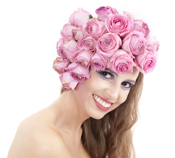 Όμορφη κοπέλα με ροζ λουλούδια — Φωτογραφία Αρχείου