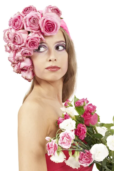 Młoda kobieta piękne różowe kwiaty — Zdjęcie stockowe
