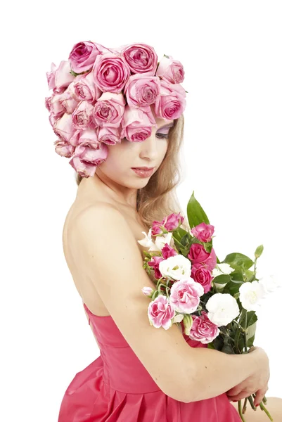 Mujer hermosa joven con flores rosadas —  Fotos de Stock