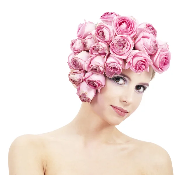 Όμορφη κοπέλα με ροζ λουλούδια — Φωτογραφία Αρχείου