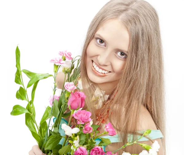 Beautiful woman with flowers. Fashion photo — Stock Photo, Image