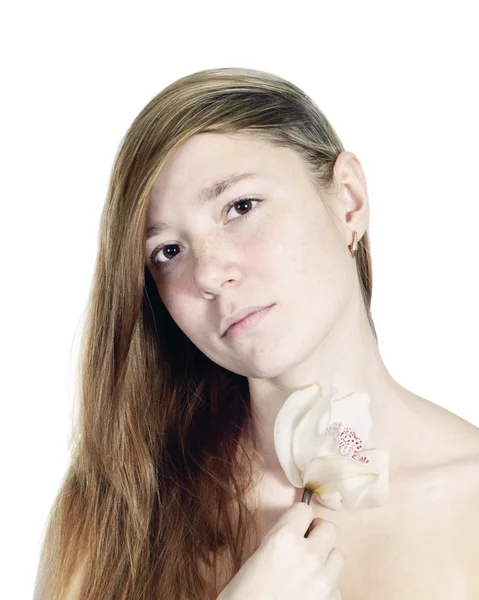 Fiatal nő portré fehér háttér — Stock Fotó
