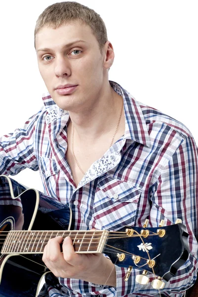 Young handsome male model with blue guitar — Stock Photo, Image