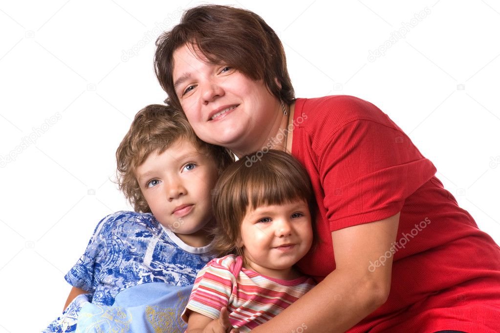 Portrait mothers with children on white close up