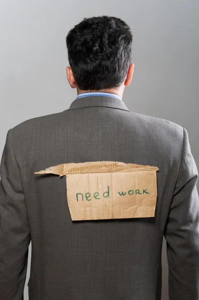Man with cardboard sign Need Work — Stock Photo, Image