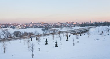 Kış city ve yeni ağaçlar ile park Panoraması