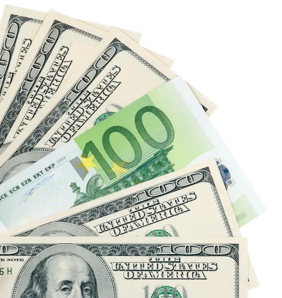 Mão com dólar e euro em branco — Fotografia de Stock