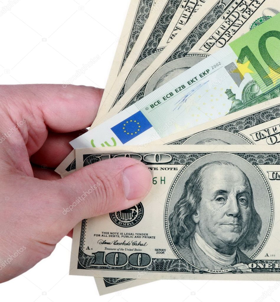 Hand with dollar and euro on white