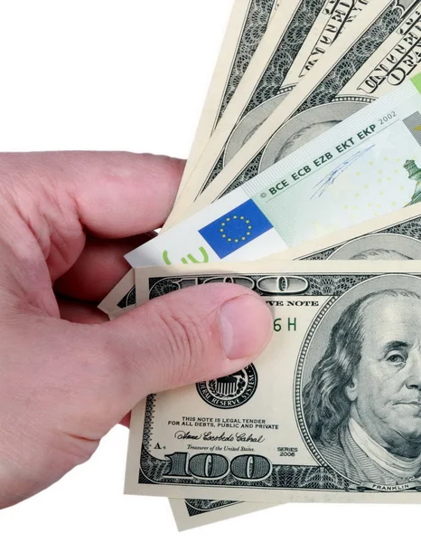 Hand met de dollar en euro op wit — Stockfoto