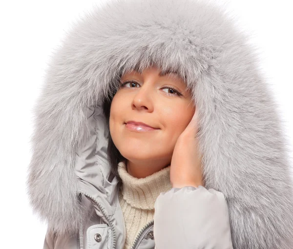 Young woman in fluffy hood — Stock Photo, Image