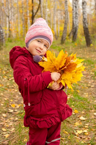Kleines Mädchen mit gelben Blättern — Stockfoto